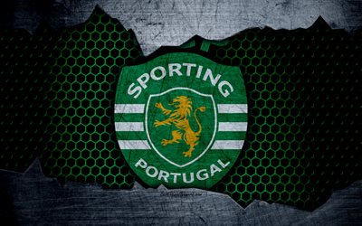 Esportivos, 4k, logo, Primeira Liga, futebol, Sporting Lisboa, clube de futebol, Sporting CP, Portugal, grunge, textura de metal, Sporting FC