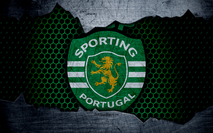 Sporting, 4k, logo, Primeira Liga, soccer, Sporting Lisboa, football club, Sporting CP, Portugal, grunge, metal texture, Sporting FC