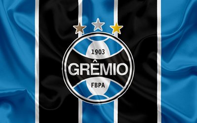 gremio fc, brasilianische fußball-club, emblem, logo, brasilianische serie a, fußball, porto alegre, rio grande do sul, brasilien, seide flagge