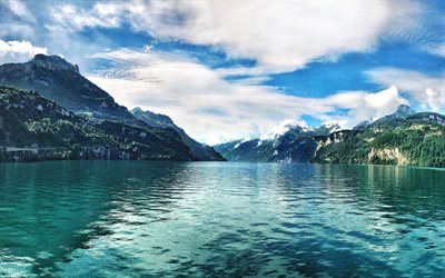 ルツェルン湖, 4k, 山湖, 山々, 美しい景観, スイス