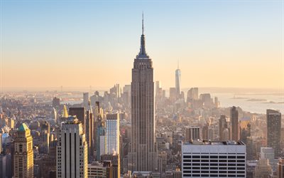 4k, Empire State Building, morning, New York, skyscrapers, NYC, America, USA
