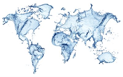 水の世界地図, 4k, 独創的な世界地図, 水概念, 保存水