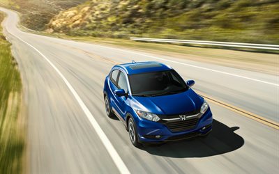 Honda HR-V, 2018, 4k, de croisement, de bleu nouveau HR-V, de nouvelles voitures, la route, la vitesse, les voitures Japonaises, Honda