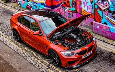 BMW M3, 4k, F80, tuning, en 2017, les voitures, les graffitis, orange m3, voitures allemandes, BMW