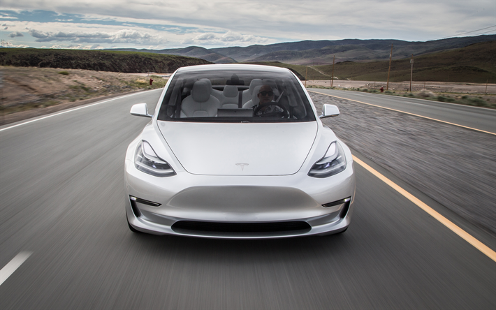 Tesla Model 3, 2017, 4k, vista de frente, coches el&#233;ctricos, coches modernos, el futuro, los coches Americanos, Tesla