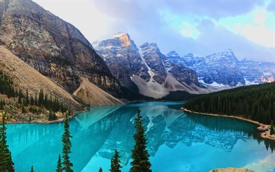 ركام البحيرة, 4k, شروق الشمس, حديقة بانف الوطنية, بحيرة زرقاء, أمريكا الشمالية, الجبال, كندا