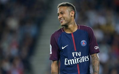 Neymar Jr, 4k, PSG, jalkapallo, jalkapallo t&#228;hte&#228;, Ligue 1, hymy, Paris Saint-Germain, jalkapalloilijat, Neymar