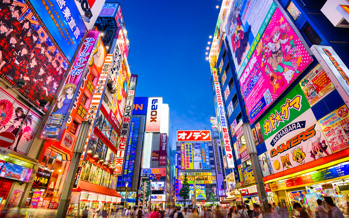 Tokyo, aydınlatma, sokak, 4k, g&#246;kdelenler, Asya, Japonya