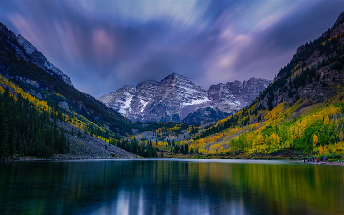 Maroon Lake, mountain lake, autumn, mountain landscape, USA, Elk Mountains, Maroon Bells, Rocky Mountains, Colorado