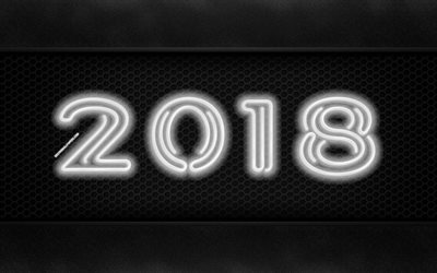 Ano de 2018, 4k, neon d&#237;gitos, criativo, metal de fundo, 2018, Novo Ano De 2018