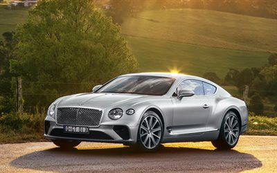 Bentley Continental GT, 2018, luxury silver coupe, front view, exterior, new silver Continental GT, Bentley
