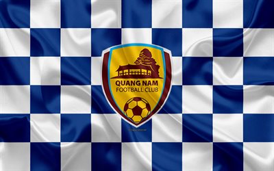 Quang Nam FC, 4k, logo, creative art, blue white checkered flag, Vietnamese football club, V League 1, emblem, silk texture, Tam Ky, Vietnam