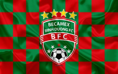 Becamex Binh Duong FC, 4k, logotipo, arte creativo, del rojo, el verde de la bandera a cuadros, Vietnamita club de f&#250;tbol de la V Liga 1, el emblema, la seda textura, Thuhaumot, Vietnam