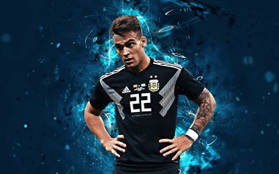 Lautaro Martinez, black uniform, Argentina National Team, fan art, Martinez, soccer, footballers, neon lights, Argentinean football team
