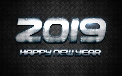 2019 year, Happy New Year, metal background, steel gray letters, 2019 concepts, creative art, New 2019 Year