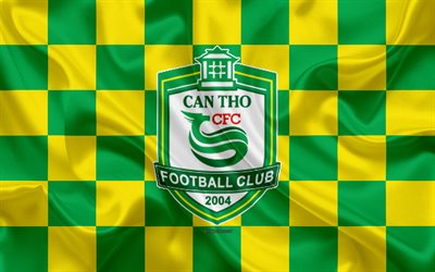XSKT Can Tho FC, 4k, logo, creativo, arte, giallo, verde, bandiera a scacchi, Vietnamita football club, V League 1, emblema, seta, texture, Can Tho, Vietnam