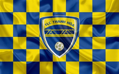 Thanh Hoa FC, 4k, logo, yaratıcı sanat, Sarı, Mavi damalı bayrak, Vietnam Futbol Kul&#252;b&#252;, 1 V Ligi, amblem, ipek doku, Thanh Hoa, Vietnam