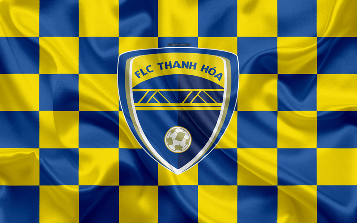 Thanh Hoa FC, 4k, logo, creative art, yellow blue checkered flag, Vietnamese football club, V League 1, emblem, silk texture, Thanh Hoa, Vietnam