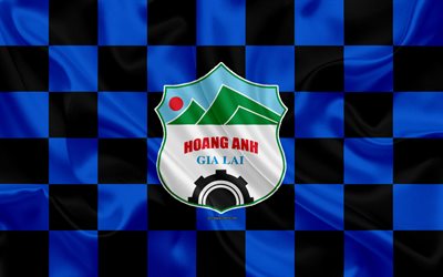 Hoang Anh Gia Lai FC, 4k, logo, arte criativa, preto e azul bandeira quadriculada, Vietnamita futebol clube, V League 1, emblema, textura de seda, Pleiku, Vietname