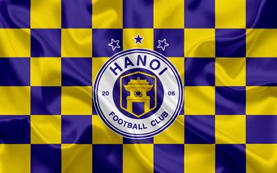 Ha Noi FC, 4k, logo, art cr&#233;atif, jaune, violet drapeau &#224; damier, Vietnamien club de football, V de la Ligue 1, l&#39;embl&#232;me, la texture de la soie, Hanoi, Vietnam