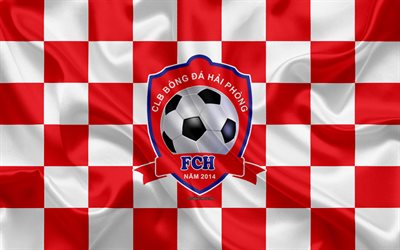 Hai Phong FC, 4k, logotipo, arte creativo, rojo y blanco de la bandera a cuadros, Vietnamita club de f&#250;tbol de la V Liga 1, el emblema, la seda textura, Haiphong, Vietnam