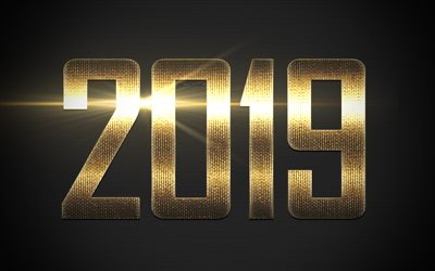 New 2019 Year, 4K, 2019, gray metallic background, Happy New Year, golden letters, inscription, 2019 concepts, creative art, 2019 year