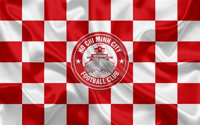 Ho Chi Minh City FC, 4k, logotyp, kreativ konst, r&#246;d och vit rutig flagga, Vietnamesiska football club, V League 1, emblem, siden konsistens, Ho Chi Minh-Staden, Vietnam