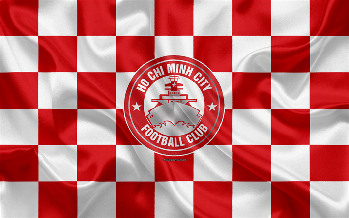 Ho Chi Minh City FC, 4k, logo, art cr&#233;atif, de rouge et de blanc drapeau &#224; damier, Vietnamien club de football, V de la Ligue 1, l&#39;embl&#232;me, la texture de la soie, Ho Chi Minh Ville, Vietnam