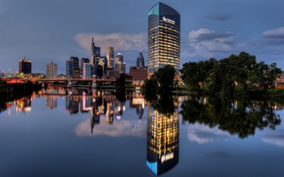 Philadelphia, Skyscrapers, One Liberty Place, Comcast Center, modern architecture, sunset, skyline, Pennsylvania, USA