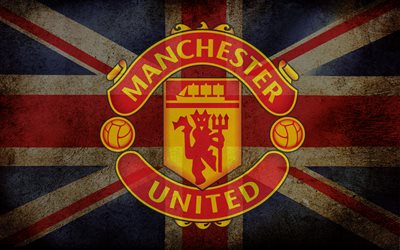 Manchester United FC, emblem, brittiska flaggan, Premier League, logotyp, Engelska football club, fotboll, De R&#246;da Dj&#228;vlarna, Union Jack, Manchester, England
