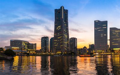 4k, Yokohama, G&#252;n batımı, akşam şehir, modern binalar, Japonya, Asya