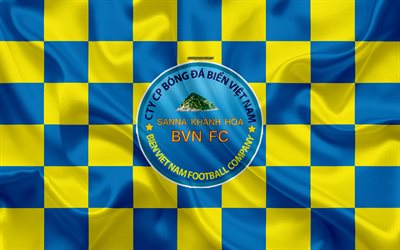 Sanna Khanh Hoa FC, 4k, logo, creative art, blue yellow checkered flag, Vietnamese football club, V League 1, emblem, silk texture, Hanh-Hta, Vietnam
