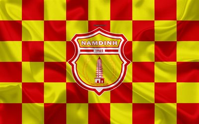 Nam Dinh FC, 4k, logo, creative art, red yellow checkered flag, Vietnamese football club, V League 1, emblem, silk texture, Namdin, Vietnam