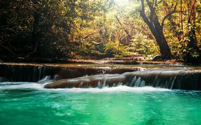 autumn, waterfalls, river, Thailand, autumn landscape, forest, evening