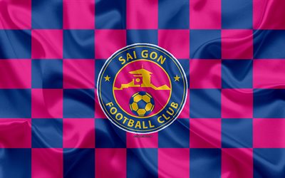 Sai Gon FC, 4k, logo, creative art, pink blue checkered flag, Vietnamese football club, V League 1, emblem, silk texture, Ho Chi Minh City, Vietnam