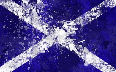 Flagga av Skottland, grunge konst, f&#228;rg st&#228;nk, kreativ konst, Skotska flaggan, bl&#229; flagg, Skottland