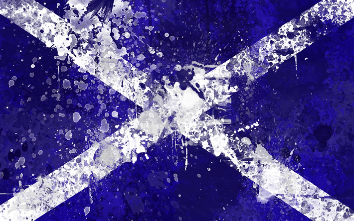 flagge von schottland, grunge, kunst, malen, spritzer, kreative kunst, schottische flagge, blau, flagge, schottland