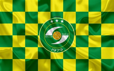 Song Lam Nghe An FC, 4k, logo, creative art, green yellow checkered flag, Vietnamese football club, V League 1, emblem, silk texture, Vinh, Vietnam