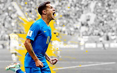 Philippe Coutinho, 4k, art, Brazilian football player, midfielder, Brazil national football team, goal, yellow paint splashes, grunge, Brazil, football