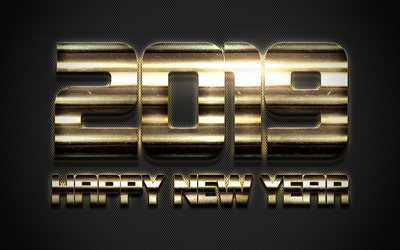 2019 year, Happy New Year, art, golden letters, congratulation, metal grid background, 2019 concepts, New Year
