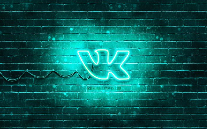 Logotipo azul-turquesa Vkontakte, 4k, parede de tijolo turquesa, logotipo Vkontakte, redes sociais, logotipo VK, logotipo neon Vkontakte, Vkontakte