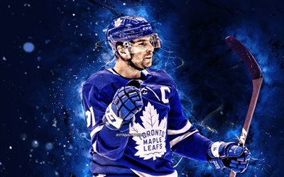 John Tavares, 4k, Toronto Maple Leafs, NHL, hokey oyuncuları, mavi neon ışıklar, ABD, John Tavares 4K, hokey, John Tavares Toronto Maple Leafs