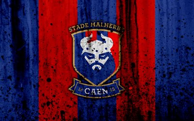 1 1 FC Caen, 4k, logo, İzle, taş doku, Caen, grunge, futbol, futbol kul&#252;b&#252;, metal doku, Lig, Caen FC