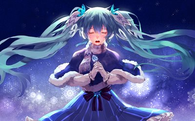 4k, Hatsune Miku, vinter, sn&#246;flingor, manga, Vocaloid