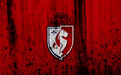 FC Lille, 4k, logo, Ligue 1, stone texture, Lille, grunge, soccer, football club, metal texture, Liga 1, Lille FC