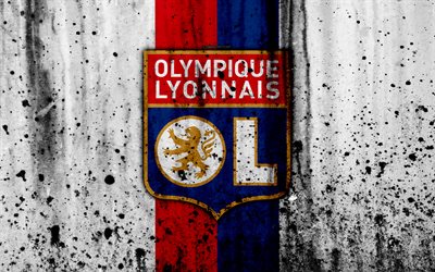 FC Olympique de Lyon, 4k, logo, Liga 1, la piedra, la textura, el Olympique de Lyon, el grunge, el f&#250;tbol, club de f&#250;tbol, Lyon metal textura, de la Liga 1, el Olympique de Lyon FC