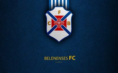 Belenenses FC, 4K, textura de cuero, la Liga de NOS, Primeira Liga, emblema, logotipo, Lisboa, Portugal, el f&#250;tbol, el Campeonato de F&#250;tbol de Portugal