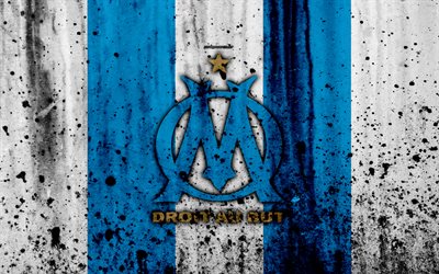 FC-Olympique Marseille, 4k, logotyp, Ligue 1, sten struktur, Olympique Marseille, grunge, fotboll, football club, metall textur, Liga 1, Olympic Marseille FC