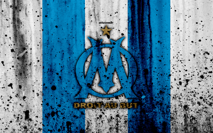 FC Olympique Marseille, 4k, logo, Ligue 1, stone texture, Olympique Marseille, grunge, soccer, football club, metal texture, Liga 1, Olympique Marseille FC