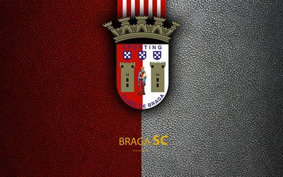 Braga FC, 4K, textura de cuero, la Liga de NOS, Primeira Liga, emblema, logotipo, Braga, en Portugal, el f&#250;tbol, el Campeonato de F&#250;tbol de Portugal